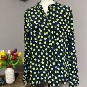 Gap Button Down Blouse Navy/Lime Polka Dots